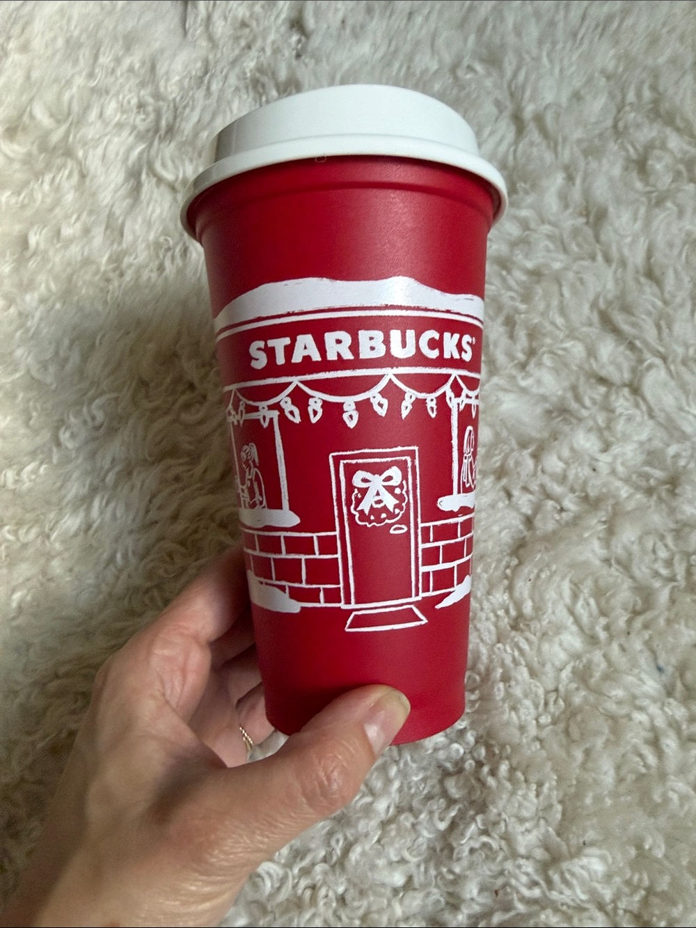 Starbucks Red Travel Cup with White Holiday Graphics and Lid